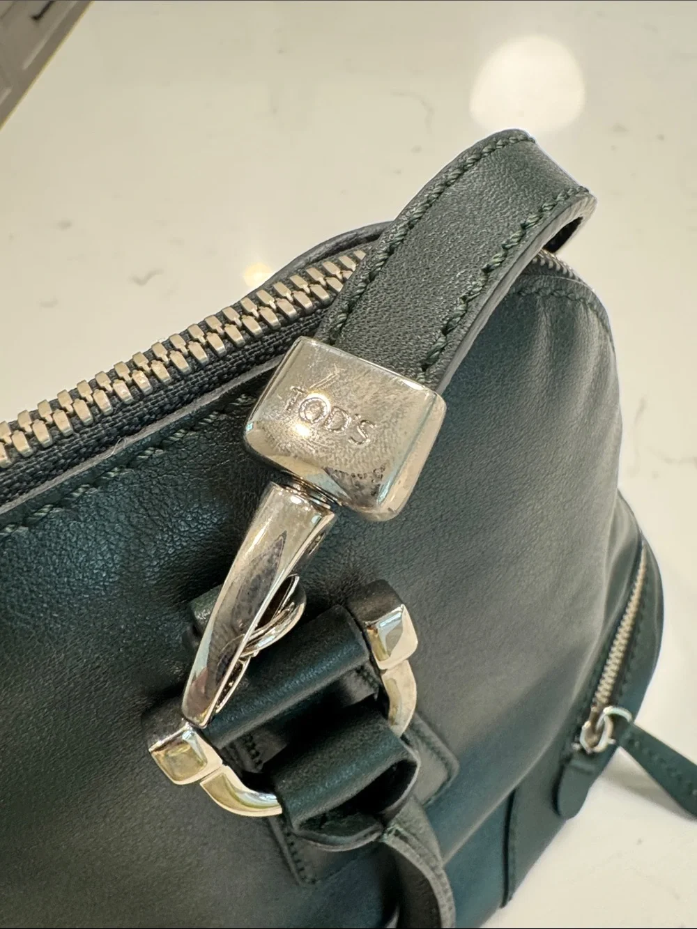 TOD'S Dark Green Leather Dome Satchel